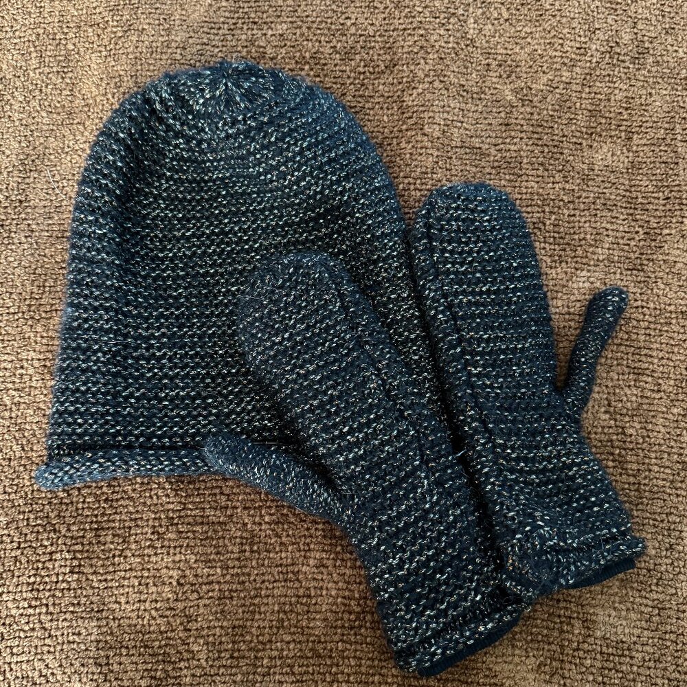 NWOT H&M Silver and Golden Metallic Black Beanie and Mitten Set